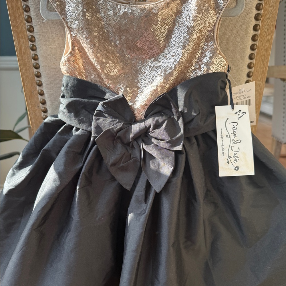 Pippa & Julie Gold Sequin and Black Bow Dress